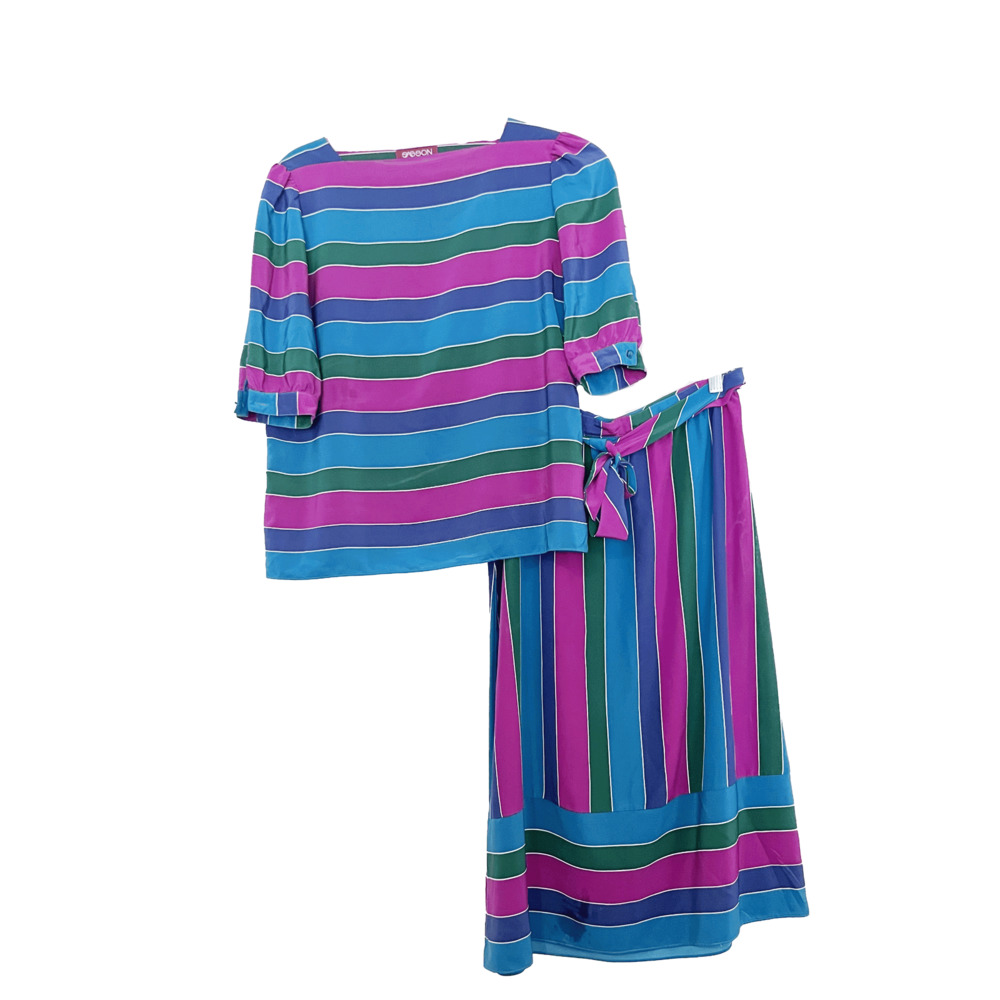 Vintage Green Blue Purple Striped Blouse Skirt Coordinating Matching Set Medium